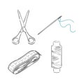 sewing kit doodle, sewing tools vector sketch illustration Royalty Free Stock Photo