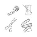 sewing kit doodle, sewing tools vector sketch illustration Royalty Free Stock Photo