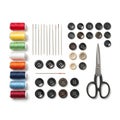 Sewing kit with multicolored thread spools, needles, buttons, and scissors Royalty Free Stock Photo
