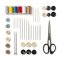 Sewing kit with needles, threads, buttons, and scissors on white background Royalty Free Stock Photo