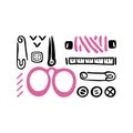 Sewing kit. Scissor, stitches, buttons and bobbin. Black and white doodles. Hand drawn icons collection. Vector illustration. Royalty Free Stock Photo