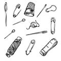 Sewing kit. Sketch hand drawn sewing tools. Royalty Free Stock Photo