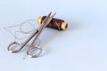 sewing kit steel scissors needle brown thread Royalty Free Stock Photo
