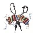 Sewing kit watercolor illustration. Set of multi-colored threads with measuring tape and tailor scissors. Creativity and Royalty Free Stock Photo