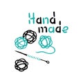 Balls of Yarn Icon and Hand made lettering. Black and white logo. Hand drawn icons collection. Vector illustration.