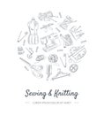 Sewing and Knitting Banner Template with Hand Drawn Sewing Accessories, Needlework Supplies Pattern of Round Shape