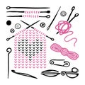 Knitting crocheting craft tool set. Hand drawn icons collection. Vector illustration.