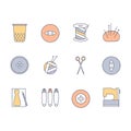 Sewing and knitting icons set. Skein of yarn, knitting needles, spool of thread, scissors, thimble, buttons, case, pins, machine