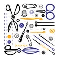 Scissors, hooks and needles. Black and white logo. Hand drawn icons collection. Vector illustration.