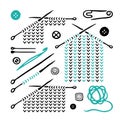 Knitting Set Icons. Black and white logo. Hand drawn icons collection. Vector illustration.