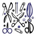 Set of scissors, needles and pins. Black and white logo. Hand drawn icons collection. Vector illustration.