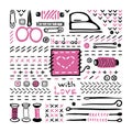 Stitches, buttons and sewing tools set. Black and white logo. Hand drawn icons collection. Vector illustration