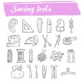 Sewing and knitting tools doodle icon set Royalty Free Stock Photo