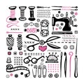 Sewing Tools Set. Wools yarns and bobbins of cotton thread. Black and white logos. Vector illustration Royalty Free Stock Photo