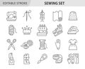 Sewing line icon set. Vector collection with sewing machine, needle, textile, scissors, mannequin, pin, clothes, spool of thread, Royalty Free Stock Photo