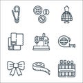 Sewing line icons. linear set. quality vector line set such as needles, measuring tape, ribbon, measuring tape, sewing machine,