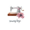 Sewing logo. Vintage sewing machine and pink flower. Watercolor illustration