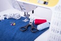 Sewing Machine, Accessories For Sewing And Jean Cloth. Royalty Free Stock Photo