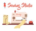 Sewing machine. Atelier studio. Tailor workshop. Embroidery and sew. Fashionable stitching clothing. Tailoring equipment