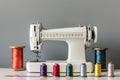 Sewing machine with colorful spools on a table against a grey background, with ribbon and thread in front of the in Royalty Free Stock Photo