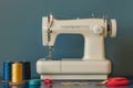 Sewing machine with colorful spools on a table against a grey background, with ribbon and thread in front of the in Royalty Free Stock Photo