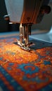 Sewing machine embroiders rug with vibrant pattern. Needle creates detailed design. Textile craft in progress. Manufacturing Royalty Free Stock Photo