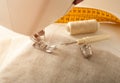 Sewing machine with fabric and accessories, closeup Royalty Free Stock Photo
