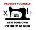 Sewing machine, fabric mask, coronavirus cell, needle icon. DIY fabric mask concept