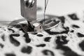 Sewing machine with fabric and thread, closeup Royalty Free Stock Photo