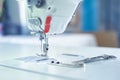 Sewing machine with fabric and thread, closeup Royalty Free Stock Photo