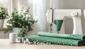 Sewing machine, green fabric and craft accessories on wooden table on light background Royalty Free Stock Photo