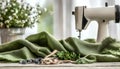 Sewing machine, green fabric and craft accessories on wooden table on light background Royalty Free Stock Photo