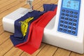 Sewing machine with Liechtensteiner flag on the wooden table. 3D rendering