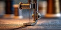 Close-up view of a sewing machine needle stitching fabric with colorful thread spools in the background in a well Royalty Free Stock Photo