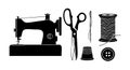 Sewing machine scissors needle spool thimble button black silhouette vector illustration Royalty Free Stock Photo