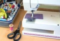 Sewing machine and sewing accessories closeup Royalty Free Stock Photo