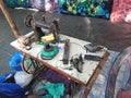 Sewing machine in shop. Morjim village, Goa, India