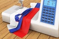 Sewing machine with Slovenian flag on the wooden table. 3D rendering