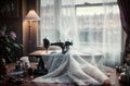 a sewing machine stands by the window in a retro room. Royalty Free Stock Photo