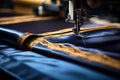 Sewing machine stitching blue fabric with gold trim Royalty Free Stock Photo