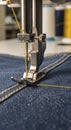 Sewing machine stitching denim fabric Royalty Free Stock Photo