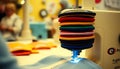 Sewing Machine Stitching Fabric with Colorful Thread Stack Accessories Closeup Royalty Free Stock Photo