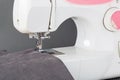 Sewing machine, stitching fabrics, needle in a round plan