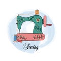 Sewing machine. Vector illustration of cute handdrawn vintage tailoring tool and threads. Text sewing and watercolor background