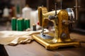 Sewing machines intricate working process, fabric and threads in focus