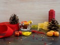 Sewing materials in an autumn setting with pine cones and pumkins. Royalty Free Stock Photo