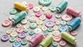 Sewing materials are displayed including colorful buttons and Royalty Free Stock Photo