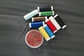 Sewing needle and colored spool yarns, multicolored spool yarns, sewing and sewing needles, scissors and scissors, tailoring mater