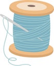 Sewing needle with light blue thread inserted into a wooden spool, isolated on a white background, representing sewing Royalty Free Stock Photo