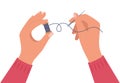 Sewing needle with red thread in human hands. Accessory for tailoring. Vector Royalty Free Stock Photo